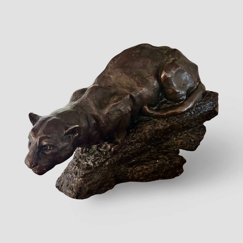 Striking Large Prowling Panther/Cougar Sculpture on a Naturalistic Log Base